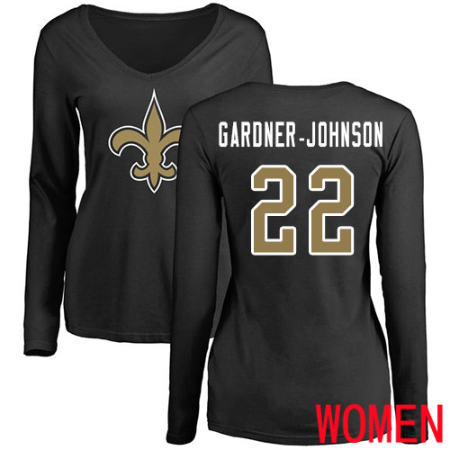 New Orleans Saints Black Women Chauncey Gardner Johnson Name and Number Logo Slim Fit NFL Football #22 Long Sleeve T Shirt->women nfl jersey->Women Jersey